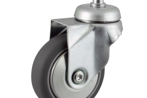 Zinc plated swivel castor 75mm for light trolleys,wheel made of grey rubber,plain bearing.Fitting with circlip stem 11x22mm