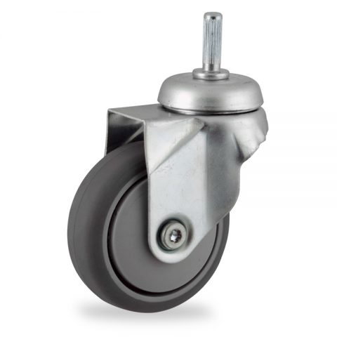 Zinc plated swivel castor 75mm for light trolleys,wheel made of grey rubber,plain bearing.Fitting with round stem 8x25mm