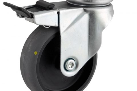 Zinc plated total lock castor 75mm for light trolleys,wheel made of electric conductive grey rubber,double ball bearings.Top plate fitting
