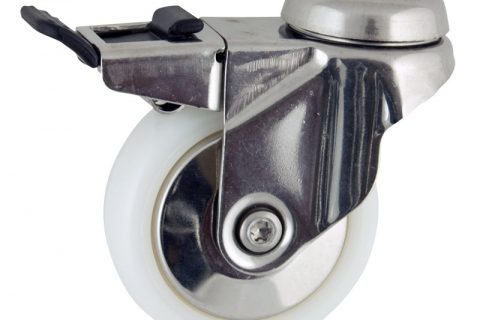Stainless total lock castor 75mm for light trolleys,wheel made of polyamide,plain bearing.Bolt hole fitting