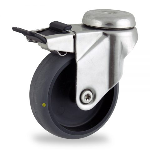 Stainless total lock castor 125mm for light trolleys,wheel made of electric conductive grey rubber,double ball bearings.Bolt hole fitting