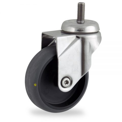 Stainless swivel castor 75mm for light trolleys,wheel made of electric conductive grey rubber,plain bearing.Bolt stem fitting