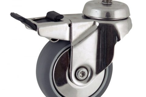Stainless total lock castor 75mm for light trolleys,wheel made of grey rubber,double ball bearings.Bolt stem fitting