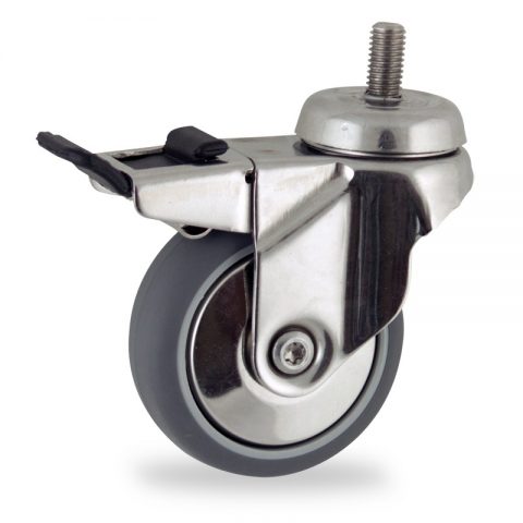 Stainless total lock castor 125mm for light trolleys,wheel made of grey rubber,double ball bearings.Bolt stem fitting