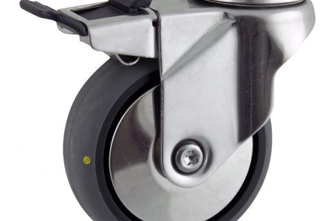 Stainless total lock castor 100mm for light trolleys,wheel made of electric conductive grey rubber,double ball bearings.Bolt hole fitting