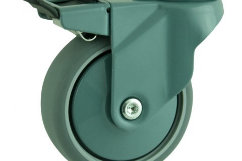Coloured total lock castor 100mm for light trolleys,wheel made of grey rubber,plain bearing.Bolt hole fitting