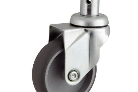 Zinc plated swivel castor 100mm for light trolleys,wheel made of grey rubber,plain bearing.Fitting with round stem 28x50mm