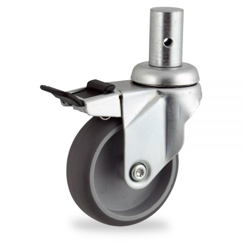 Zinc plated total lock castor 100mm for light trolleys,wheel made of grey rubber,plain bearing.Fitting with round stem 28x50mm