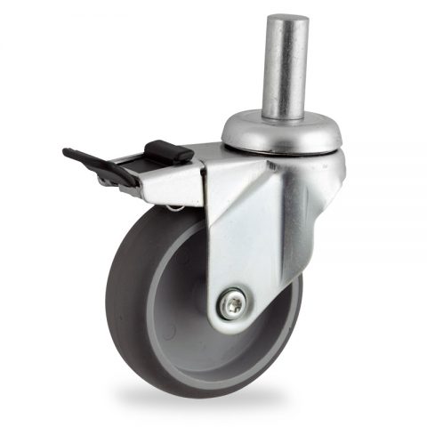 Zinc plated total lock castor 100mm for light trolleys,wheel made of grey rubber,plain bearing.Fitting with round stem 20x45mm