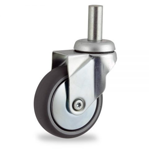 Zinc plated swivel castor 100mm for light trolleys,wheel made of grey rubber,plain bearing.Fitting with round stem 20x45mm