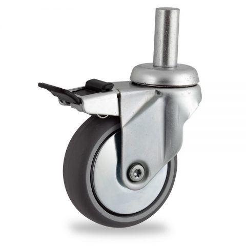 Zinc plated total lock castor 100mm for light trolleys,wheel made of grey rubber,plain bearing.Fitting with round stem 20x45mm