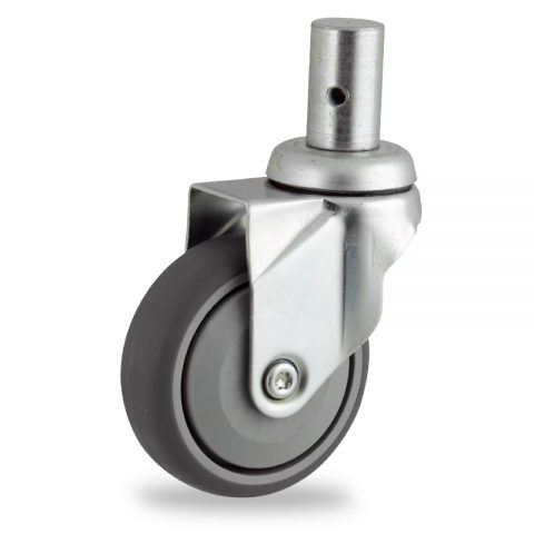 Zinc plated swivel castor 100mm for light trolleys,wheel made of grey rubber,single precision ball bearing.Fitting with round stem 28x50mm