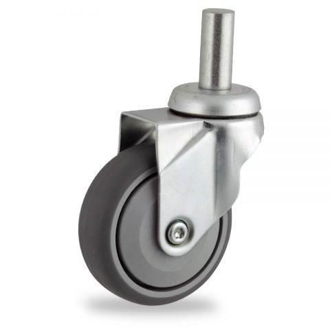 Zinc plated swivel castor 100mm for light trolleys,wheel made of grey rubber,single precision ball bearing.Fitting with round stem 20x45mm