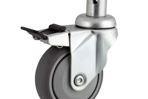 Zinc plated total lock castor 100mm for light trolleys,wheel made of grey rubber,single precision ball bearing.Fitting with round stem 28x50mm
