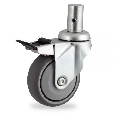 Zinc plated total lock castor 100mm for light trolleys,wheel made of grey rubber,single precision ball bearing.Fitting with round stem 28x50mm