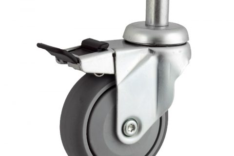 Zinc plated total lock castor 100mm for light trolleys,wheel made of grey rubber,single precision ball bearing.Fitting with round stem 20x45mm
