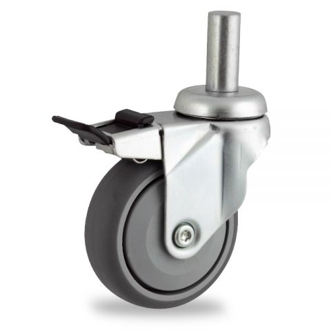Zinc plated total lock castor 100mm for light trolleys,wheel made of grey rubber,single precision ball bearing.Fitting with round stem 20x45mm