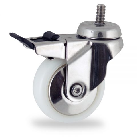 Stainless total lock castor 50mm for light trolleys,wheel made of polyamide,plain bearing.Bolt stem fitting