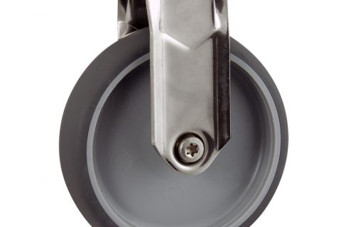 Stainless fixed castor 100mm for light trolleys,wheel made of grey rubber,plain bearing.Bolt hole fitting