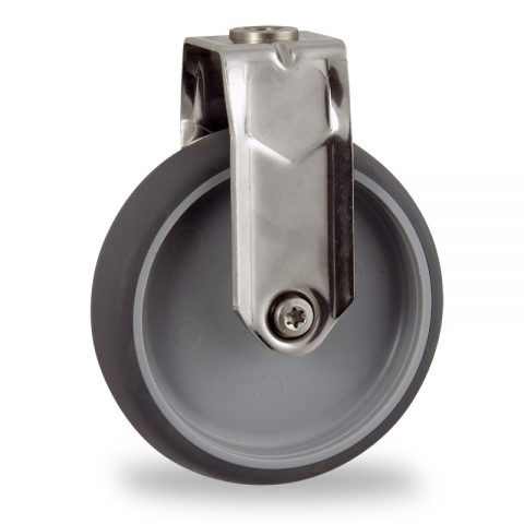 Stainless fixed castor 150mm for light trolleys,wheel made of grey rubber,double ball bearings.Bolt hole fitting