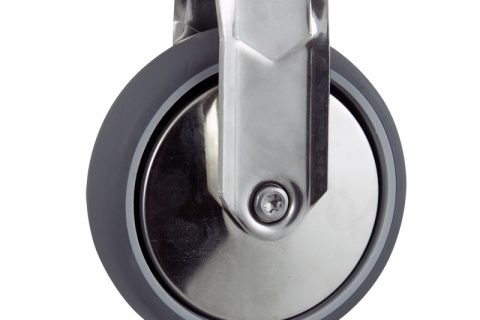 Stainless fixed castor 75mm for light trolleys,wheel made of grey rubber,double ball bearings.Bolt hole fitting
