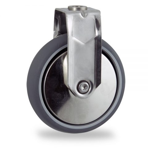 Stainless fixed castor 150mm for light trolleys,wheel made of grey rubber,double ball bearings.Bolt hole fitting