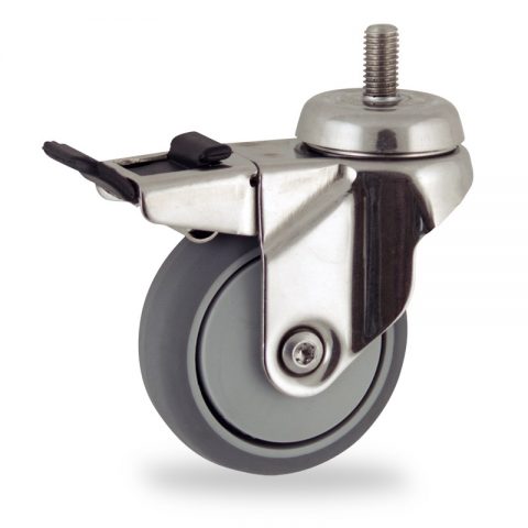 Stainless total lock castor 50mm for light trolleys,wheel made of grey rubber,precision bearing.Bolt stem fitting