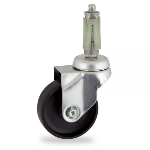 Zinc plated swivel castor 100mm for light trolleys,wheel made of polypropylene,plain bearing.Fitting with round expander 19/23