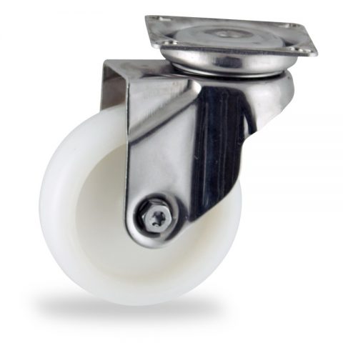 Stainless swivel castor 50mm for light trolleys,wheel made of polyamide,plain bearing.Top plate fitting