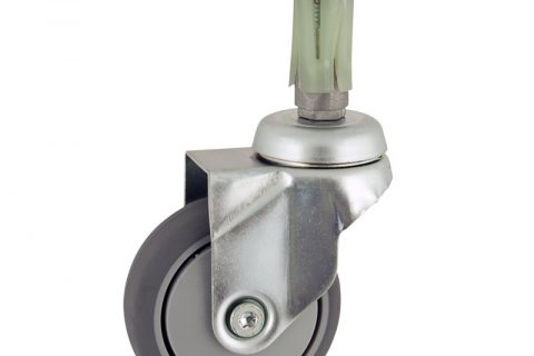 Zinc plated swivel castor 75mm for light trolleys,wheel made of grey rubber,plain bearing.Fitting with round expander 23/26