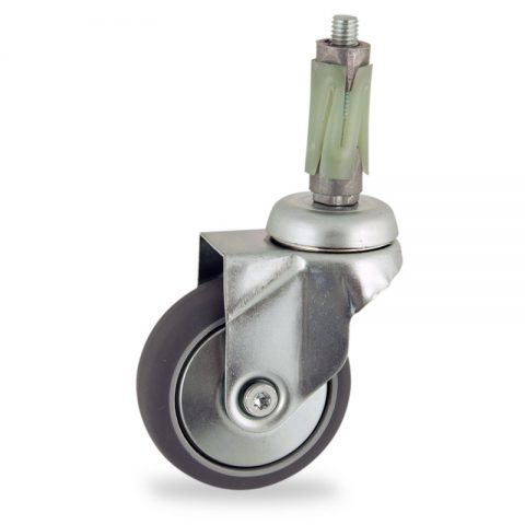 Zinc plated swivel castor 100mm for light trolleys,wheel made of grey rubber,plain bearing.Fitting with round expander 23/26