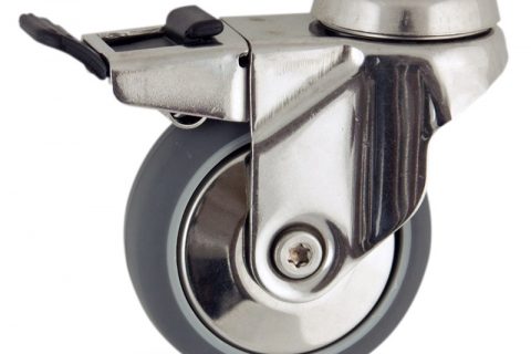 Stainless total lock castor 100mm for light trolleys,wheel made of grey rubber,double ball bearings.Bolt hole fitting