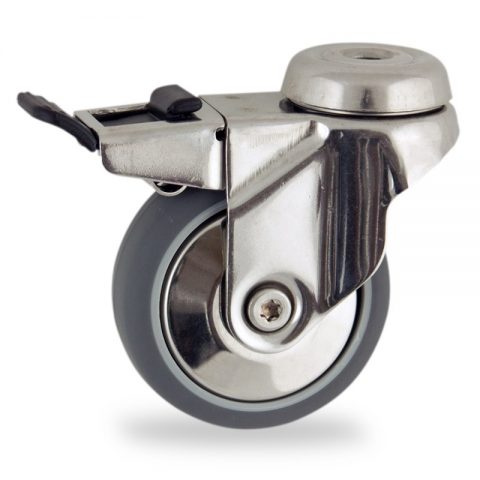 Stainless total lock castor 75mm for light trolleys,wheel made of grey rubber,double ball bearings.Bolt hole fitting