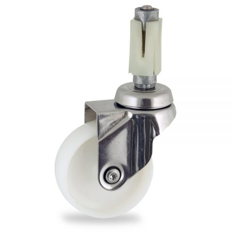 Stainless swivel castor 75mm for light trolleys,wheel made of polyamide,plain bearing.Fitting with square expander 31/35