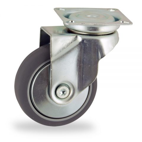 Zinc plated swivel castor 100mm for light trolleys,wheel made of grey rubber,double ball bearings.Top plate fitting