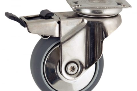 Stainless total lock castor 100mm for light trolleys,wheel made of grey rubber,plain bearing.Top plate fitting