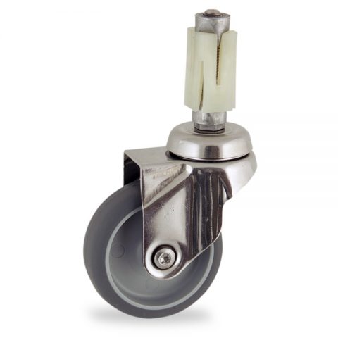 Stainless swivel castor 50mm for light trolleys,wheel made of grey rubber,plain bearing.Fitting with square expander 24/27