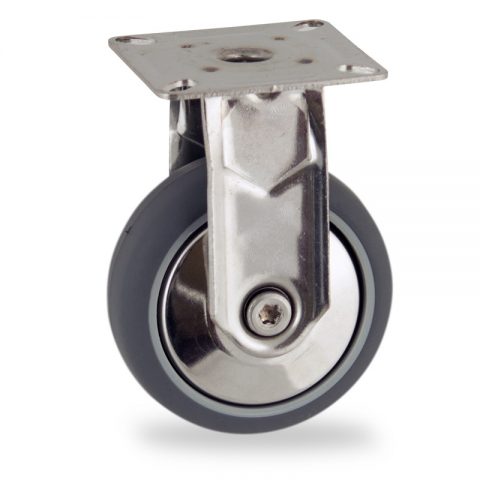 Stainless fixed castor 75mm for light trolleys,wheel made of grey rubber,plain bearing.Top plate fitting