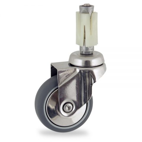 Stainless swivel castor 75mm for light trolleys,wheel made of grey rubber,plain bearing.Fitting with square expander 31/35