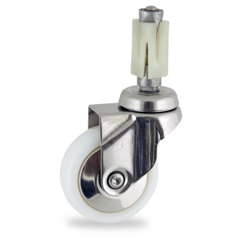 Stainless swivel castor 75mm for light trolleys,wheel made of polyamide,plain bearing.Fitting with square expander 31/35