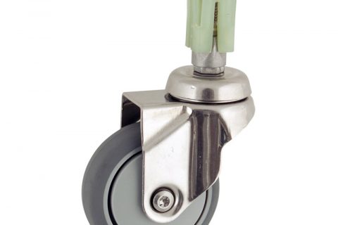 Stainless swivel castor 75mm for light trolleys,wheel made of grey rubber,plain bearing.Fitting with square expander 31/35
