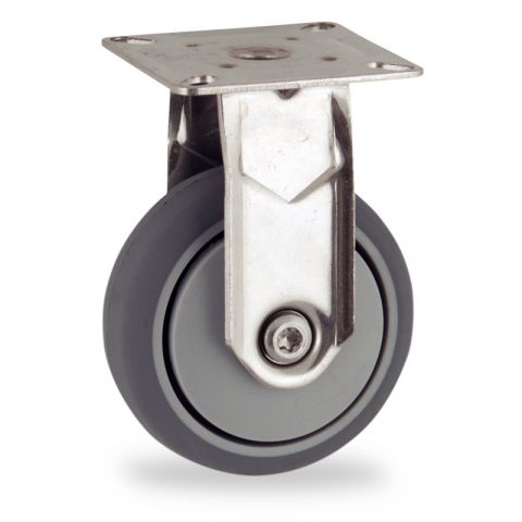 Stainless fixed castor 50mm for light trolleys,wheel made of grey rubber,precision bearing.Top plate fitting