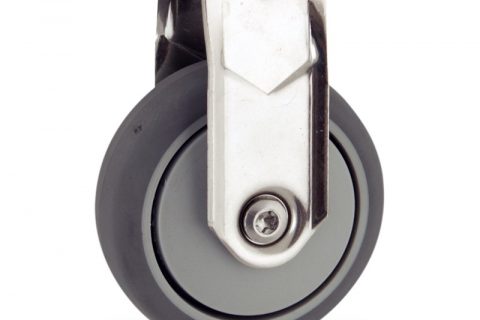 Stainless fixed castor 75mm for light trolleys,wheel made of grey rubber,plain bearing.Bolt hole fitting