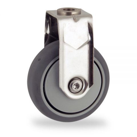 Stainless fixed castor 50mm for light trolleys,wheel made of grey rubber,precision bearing.Bolt hole fitting