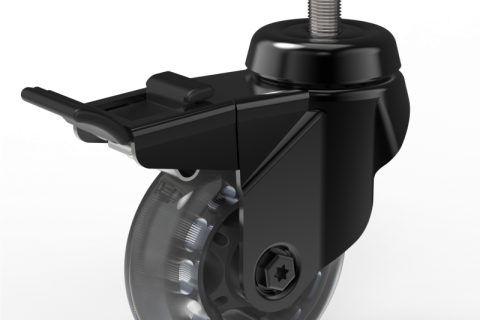Black total lock castor 75mm for light trolleys,wheel made of Polyurethane-Silicon,double ball bearings.Bolt stem fitting