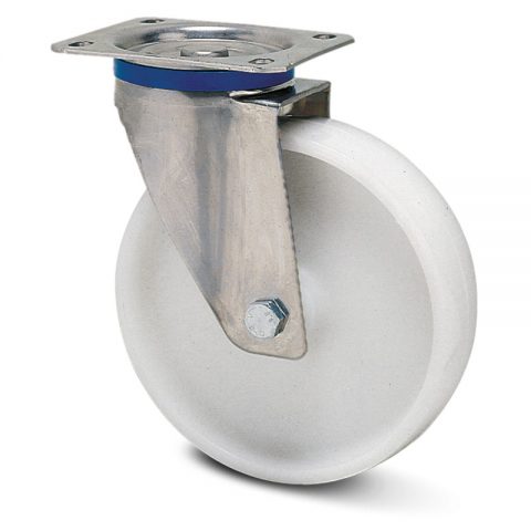 Stainless swivel castor for trolleys.Polypropylene with  and Plain bearing.Top plate fitting
