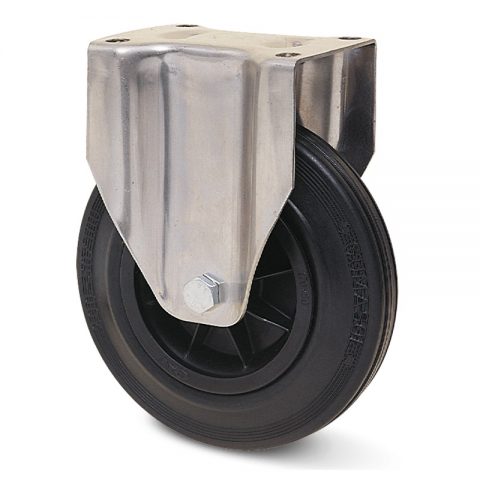 Stainless fixed castor for trolleys.Black rubber with polyamide rim and Plain bearing.Top plate fitting
