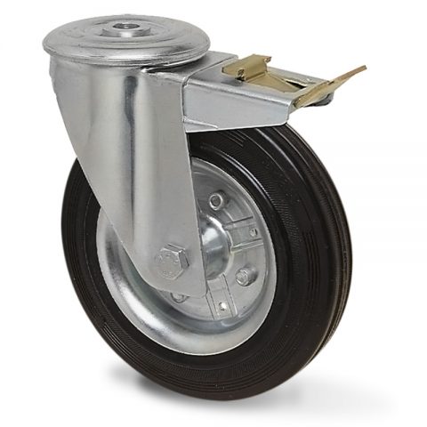 Total lock castor 80mm, wheel black rubber steel rim, roller bearing, hole fitting