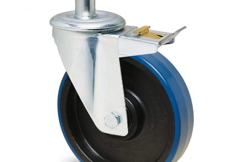 Zinc plated industrial Total lock castor for trolleys.Polyurethane with Polyamide and Plain bearing.Top plate fitting