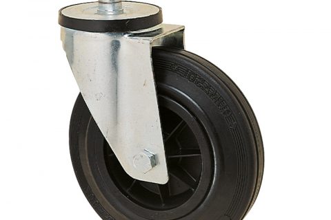 Zinc plated industrial swivel castor for trolleys.Black rubber with polyamide rim and roller bearing.Round stem fitting